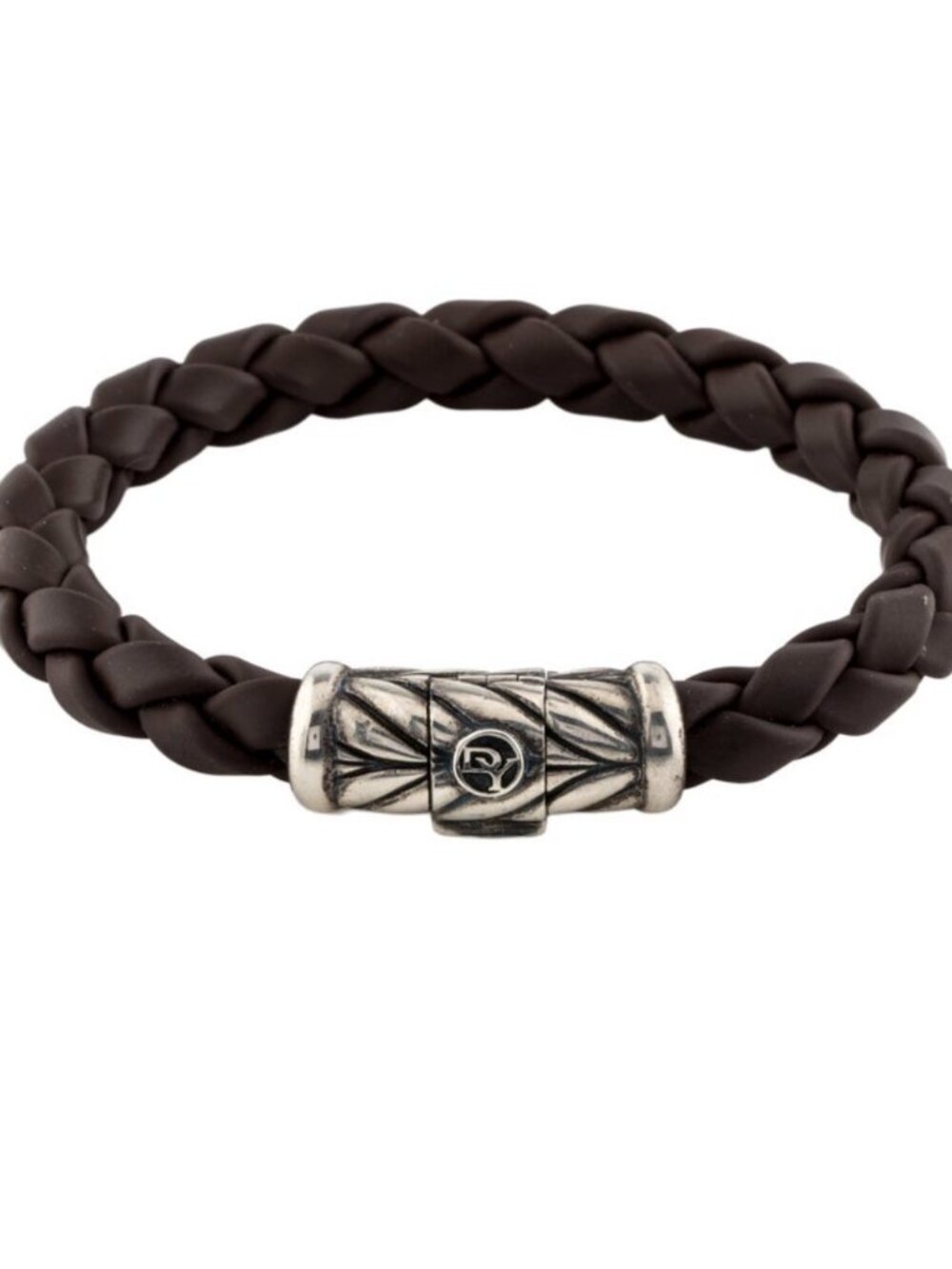 DAVID YURMAN STERLING SILVER 925 BROWN LEATHER BRAIDED CHEVRON BRACELET